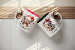 Watercolor cute bear toy Santa hat Merry Christmas quote New Year winter print tumbler skinny mug wrap clipart t-shirt sublimation printable design