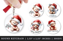 Watercolor cute bear toy wearing Santa hat and red bow Merry Christmas quote New Year winter print round keychain keychains sublimation design