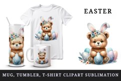 Watercolor cute bear wearing bunny ear headband sparkly Easter eggs print 20 oz tumbler skinny mug wrap clipart t-shirt sublimation printable design