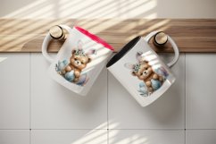 Watercolor cute bear wearing bunny ear headband sparkly Easter eggs print 20 oz tumbler skinny mug wrap clipart t-shirt sublimation printable design