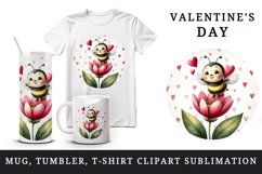 Watercolor cute bee bumblebee buzzing flower heart love Valentine Day print 20 oz tumbler skinny mug wrap clipart t-shirt sublimation printable design