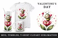 Watercolor cute bee bumblebee buzzing flower heart love Valentine Day print 20 oz tumbler skinny mug wrap clipart t-shirt sublimation printable design