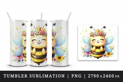 Watercolor cute bee crown bright sparkling flowers smiling summer print 20 oz tumbler skinny mug wrap clipart t-shirt sublimation printable design
