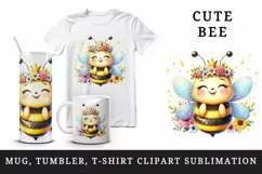 Watercolor cute bee crown bright sparkling flowers smiling summer print 20 oz tumbler skinny mug wrap clipart t-shirt sublimation printable design