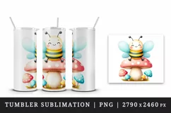 Watercolor cute bee smile sitting atop pastel-colored mushroom summer print 20 oz tumbler skinny mug wrap clipart t-shirt sublimation printable design