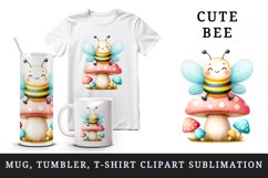 Watercolor cute bee smile sitting atop pastel-colored mushroom summer print 20 oz tumbler skinny mug wrap clipart t-shirt sublimation printable design