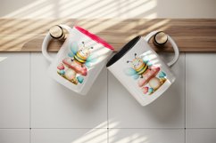 Watercolor cute bee smile sitting atop pastel-colored mushroom summer print 20 oz tumbler skinny mug wrap clipart t-shirt sublimation printable design