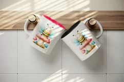 Watercolor cute bee smile sitting atop pastel-colored mushroom summer print 20 oz tumbler skinny mug wrap clipart t-shirt sublimation printable design