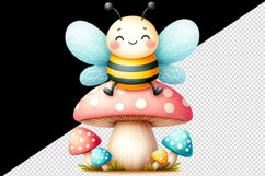 Watercolor cute bee smile sitting atop pastel-colored mushroom summer print 20 oz tumbler skinny mug wrap clipart t-shirt sublimation printable design