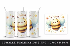 Watercolor cute bee smile waving hello surrounded by sparkling stars print 20 oz tumbler skinny mug wrap clipart t-shirt sublimation printable design