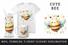 Watercolor cute bee smile waving hello surrounded by sparkling stars print 20 oz tumbler skinny mug wrap clipart t-shirt sublimation printable design