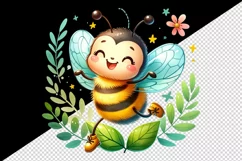 Watercolor cute bee with big smile dancing on leaf summer print 20 oz tumbler skinny mug wrap clipart t-shirt sublimation printable design