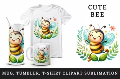 Watercolor cute bee with big smile dancing on leaf summer print 20 oz tumbler skinny mug wrap clipart t-shirt sublimation printable design