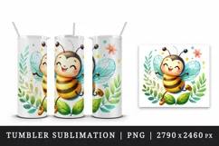 Watercolor cute bee with big smile dancing on leaf summer print 20 oz tumbler skinny mug wrap clipart t-shirt sublimation printable design