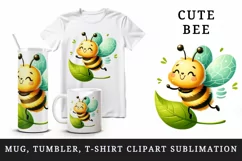 Watercolor cute bee with big smile dancing on leaf summer print 20 oz tumbler skinny mug wrap clipart t-shirt sublimation printable design