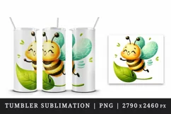 Watercolor cute bee with big smile dancing on leaf summer print 20 oz tumbler skinny mug wrap clipart t-shirt sublimation printable design