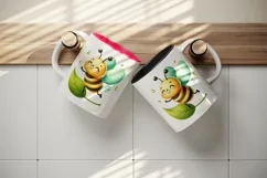 Watercolor cute bee with big smile dancing on leaf summer print 20 oz tumbler skinny mug wrap clipart t-shirt sublimation printable design