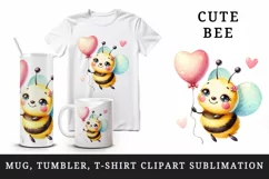 Watercolor cute bee with big smile floating with heart balloon summer print 20 oz tumbler skinny mug wrap clipart t-shirt sublimation printable design