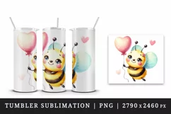 Watercolor cute bee with big smile floating with heart balloon summer print 20 oz tumbler skinny mug wrap clipart t-shirt sublimation printable design