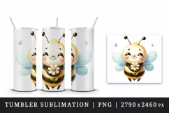 Watercolor cute bee with big smile holding tiny flower daisy summer print 20 oz tumbler skinny mug wrap clipart t-shirt sublimation printable design