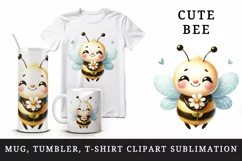 Watercolor cute bee with big smile holding tiny flower daisy summer print 20 oz tumbler skinny mug wrap clipart t-shirt sublimation printable design