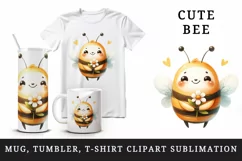 Watercolor cute bee with big smile holding tiny flower daisy summer print 20 oz tumbler skinny mug wrap clipart t-shirt sublimation printable design