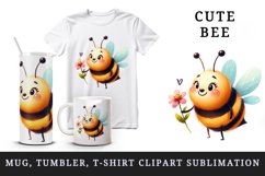 Watercolor cute bee with big smile holding tiny flower summer print 20 oz tumbler skinny mug wrap clipart t-shirt sublimation printable design