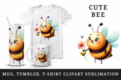 Watercolor cute bee with big smile holding tiny flower summer print 20 oz tumbler skinny mug wrap clipart t-shirt sublimation printable design