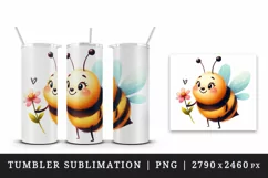 Watercolor cute bee with big smile holding tiny flower summer print 20 oz tumbler skinny mug wrap clipart t-shirt sublimation printable design