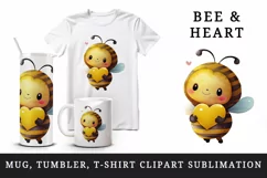 Watercolor cute bee with heart insect animal love Valentines Day print 20 oz tumbler skinny mug wrap clipart t-shirt sublimation printable design