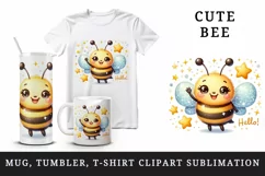 Watercolor cute bee with smile waving hello sparkling stars print 20 oz tumbler skinny mug wrap clipart t-shirt sublimation printable design