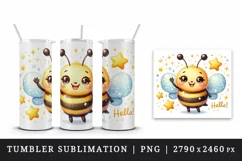 Watercolor cute bee with smile waving hello sparkling stars print 20 oz tumbler skinny mug wrap clipart t-shirt sublimation printable design