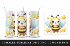 Watercolor cute bee with smile waving hello sparkling stars print 20 oz tumbler skinny mug wrap clipart t-shirt sublimation printable design