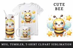 Watercolor cute bee with smile waving hello sparkling stars print 20 oz tumbler skinny mug wrap clipart t-shirt sublimation printable design