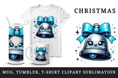 Watercolor cute bell blue ribbon smile Christmas New Year winter print 20 oz tumbler skinny mug wrap clipart t-shirt sublimation printable design