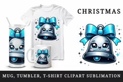Watercolor cute bell blue ribbon smile Christmas New Year winter print 20 oz tumbler skinny mug wrap clipart t-shirt sublimation printable design