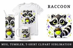 Watercolor cute big eyed raccoon holding neon yellow acorn sparkles animal print 20 oz tumbler mug wrap clipart printable sublimation design png