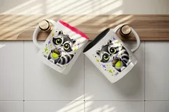 Watercolor cute big eyed raccoon holding neon yellow acorn sparkles animal print 20 oz tumbler mug wrap clipart printable sublimation design png