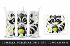 Watercolor cute big eyed raccoon holding neon yellow acorn sparkles animal print 20 oz tumbler mug wrap clipart printable sublimation design png