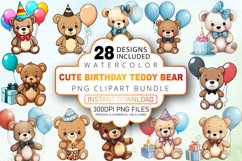 Watercolor Cute Birthday Teddy Bear Clipart Bundle Product Image 1