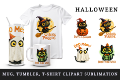 Watercolor cute black cat ghost witch pumpkin broomstick Halloween quote print tumbler skinny mug wrap clipart t-shirt sublimation printable design
