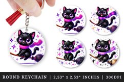 Watercolor cute black cat neon purple scarf riding broomstick Halloween print round keychain keychains sublimation design