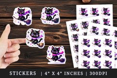 Watercolor cute black cat neon purple scarf riding broomstick Halloween print sticker sheet stickers printable sublimation design png