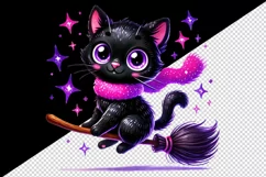 Watercolor cute black cat neon purple scarf riding broomstick Halloween print tumbler skinny mug wrap clipart t-shirt sublimation printable design