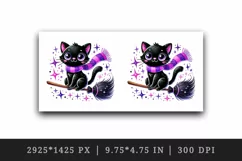 Watercolor cute black cat neon purple scarf riding broomstick Halloween print tumbler skinny mug wrap clipart t-shirt sublimation printable design