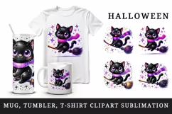 Watercolor cute black cat neon purple scarf riding broomstick Halloween print tumbler skinny mug wrap clipart t-shirt sublimation printable design