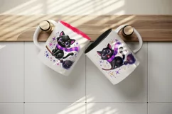 Watercolor cute black cat neon purple scarf riding broomstick Halloween print tumbler skinny mug wrap clipart t-shirt sublimation printable design