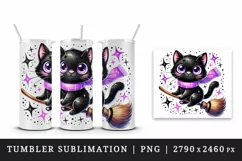 Watercolor cute black cat neon purple scarf riding broomstick Halloween print tumbler skinny mug wrap clipart t-shirt sublimation printable design