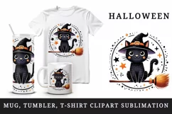 Watercolor cute black cat tiny witch hat on broomstick circular Halloween print tumbler skinny mug wrap clipart t-shirt sublimation printable design