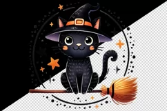 Watercolor cute black cat tiny witch hat on broomstick circular Halloween print tumbler skinny mug wrap clipart t-shirt sublimation printable design